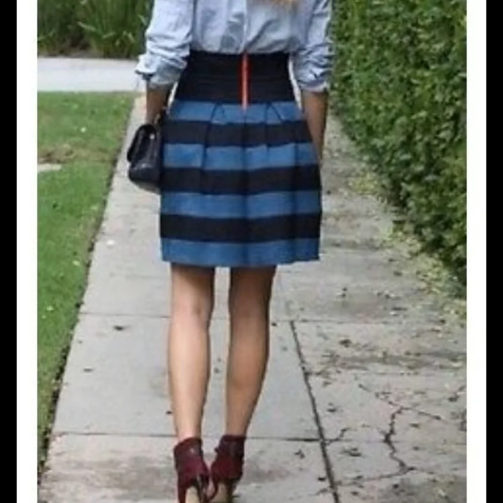 Anthropologie Girls From Savoy Blue Black Stripe Textured Skirt XS Preppy